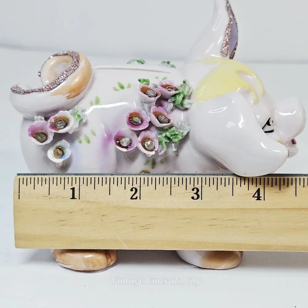 Vtg Lefton Piggy Bank Hand Painted Applied Flowers Rhinestones Vintage 1950 READ